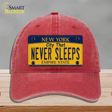 Never Sleeps New York Novelty License Plate Hat Unconstructed Cotton / Red