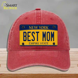 Best Mom New York Novelty License Plate Hat Unconstructed Cotton / Red