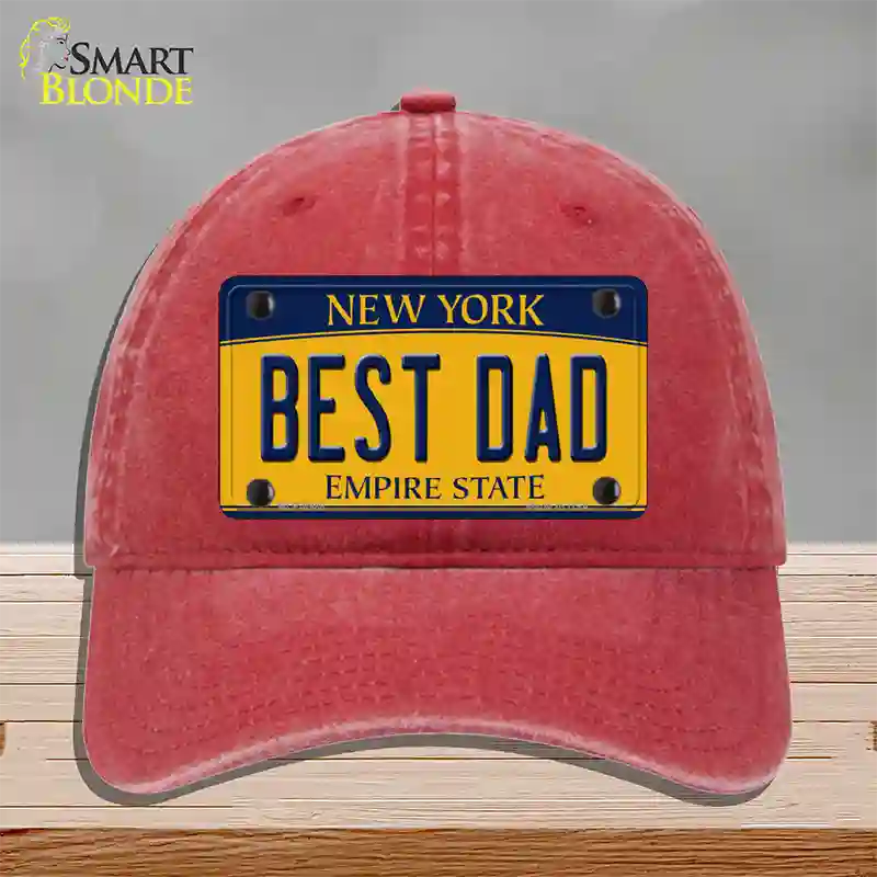 Best Dad New York Novelty License Plate Hat Unconstructed Cotton / Red