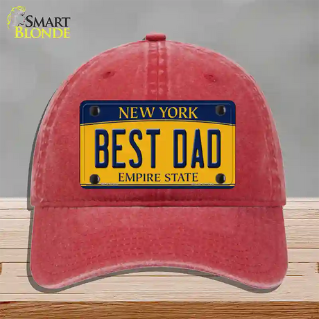 Best Dad New York Novelty License Plate Hat Unconstructed Cotton / Red