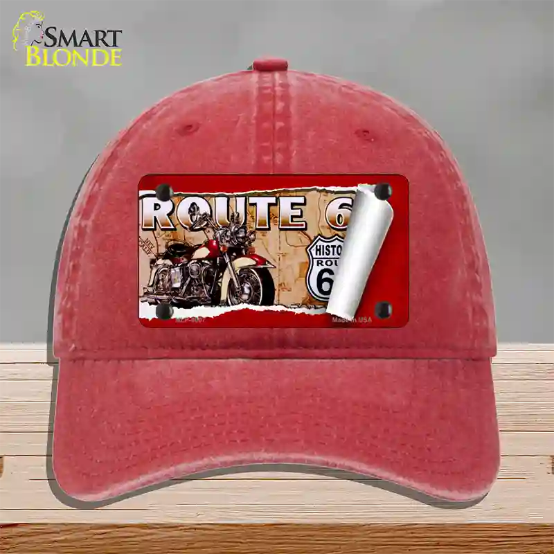 Route 66 Mother Road Scroll Novelty License Plate Hat Unconstructed Cotton / Red