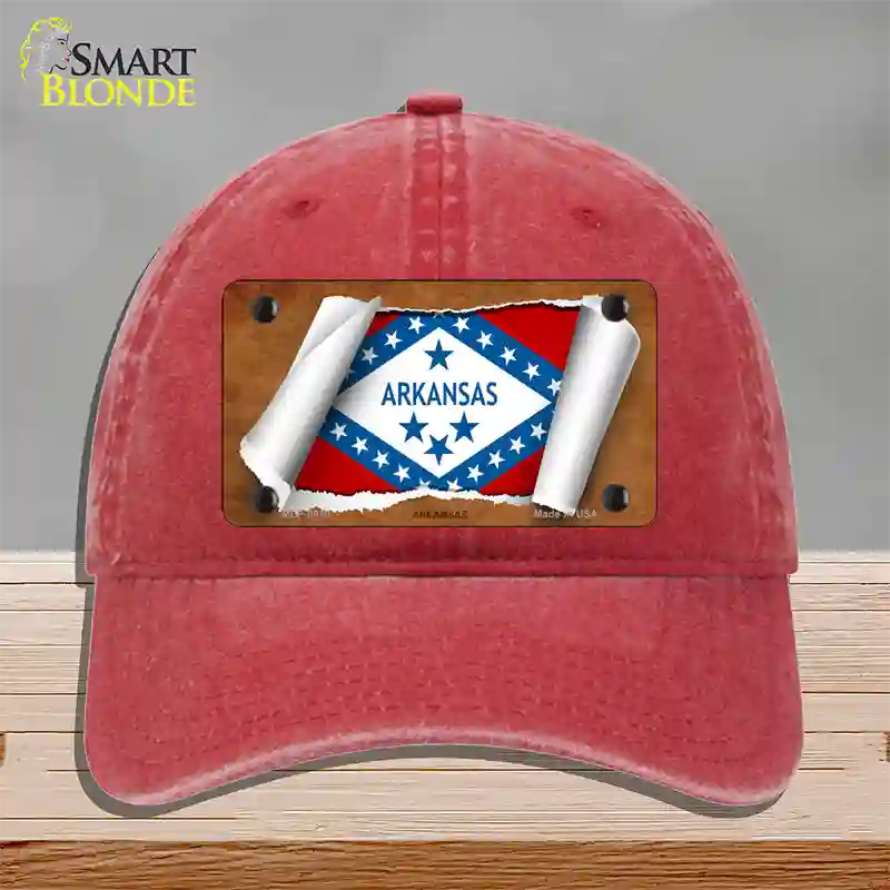 Arkansas Flag Scroll Novelty License Plate Hat Unconstructed Cotton / Red