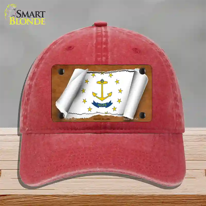 Rhode Island Flag Scroll Novelty License Plate Hat Unconstructed Cotton / Red