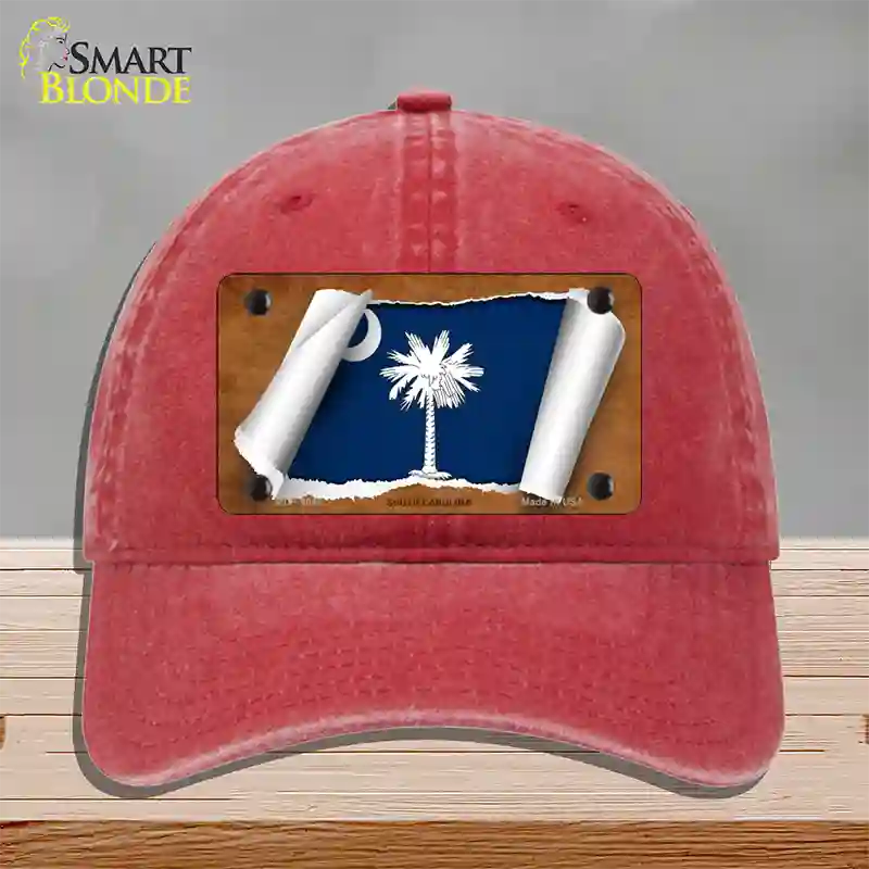 South Carolina Flag Scroll Novelty License Plate Hat Unconstructed Cotton / Red