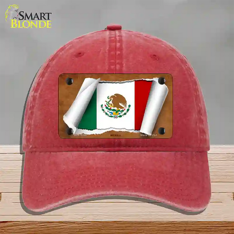 Mexico Flag Scroll Novelty License Plate Hat Unconstructed Cotton / Red