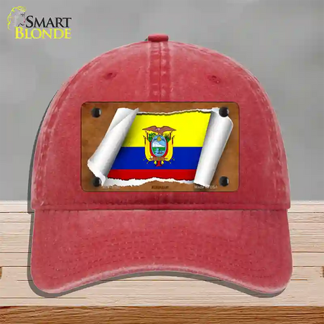 Ecuador Flag Scroll Novelty License Plate Hat Unconstructed Cotton / Red