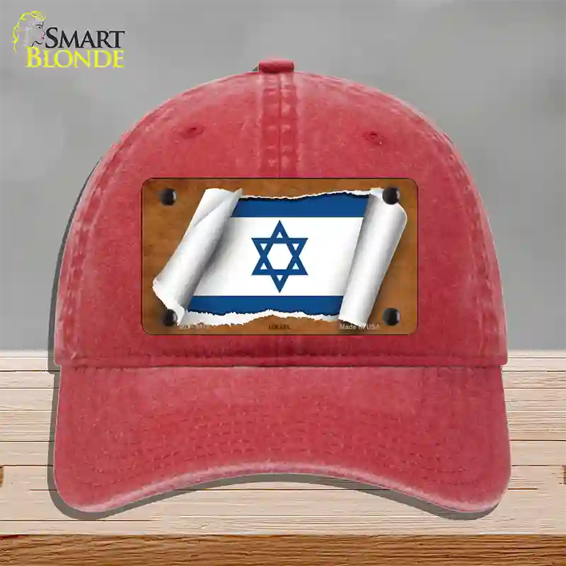 Israel Flag Scroll Novelty License Plate Hat Unconstructed Cotton / Red