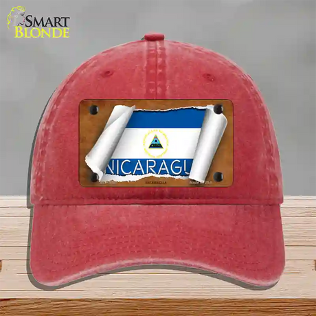 Nicaragua Flag Scroll Novelty License Plate Hat Unconstructed Cotton / Red