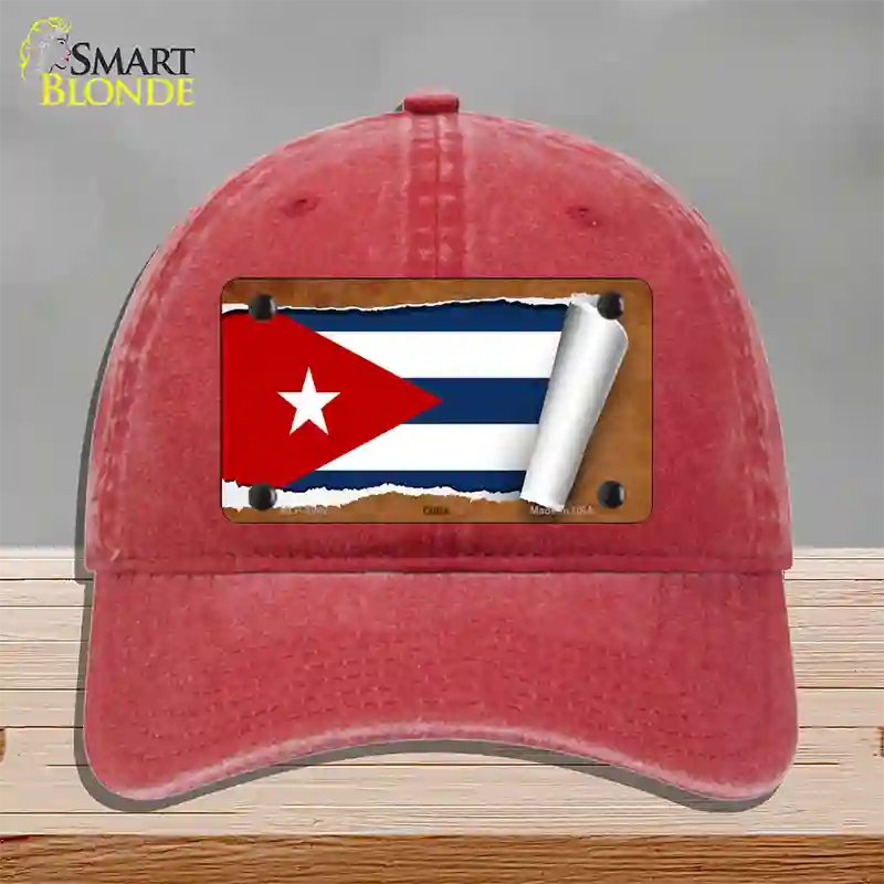 Cuba Flag Scroll Novelty License Plate Hat Unconstructed Cotton / Red