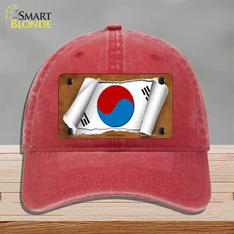 South Korea Flag Scroll Novelty License Plate Hat Unconstructed Cotton / Red