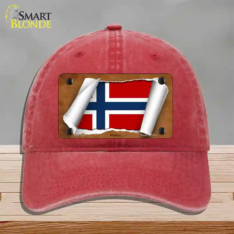 Norway Flag Scroll Novelty License Plate Hat Unconstructed Cotton / Red