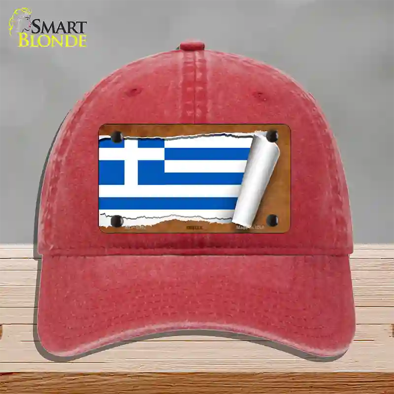 Greece Flag Scroll Novelty License Plate Hat Unconstructed Cotton / Red