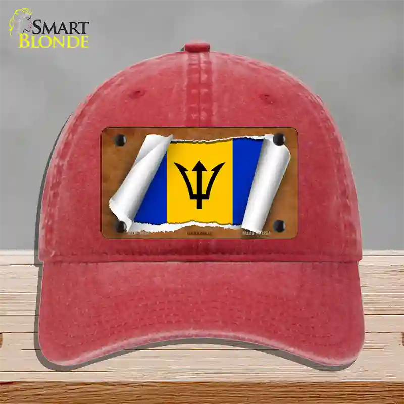 Barbados Flag Scroll Novelty License Plate Hat Unconstructed Cotton / Red