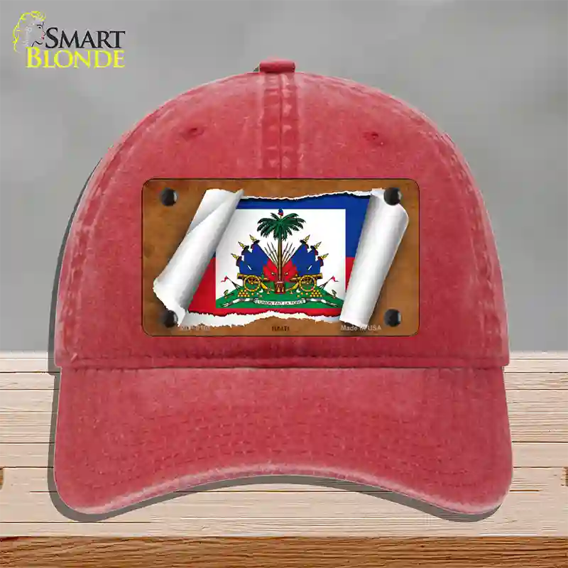 Haiti Flag Scroll Novelty License Plate Hat Unconstructed Cotton / Red