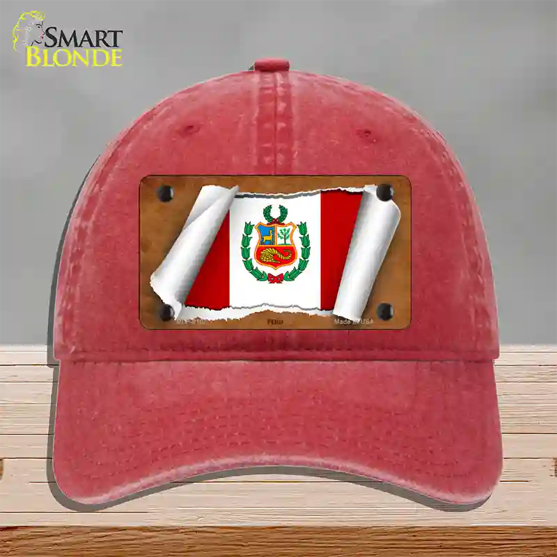 Peru Flag Scroll Novelty License Plate Hat Unconstructed Cotton / Red