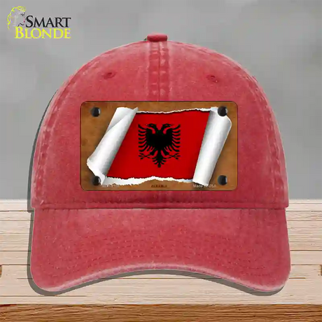 Albania Flag Scroll Novelty License Plate Hat Unconstructed Cotton / Red