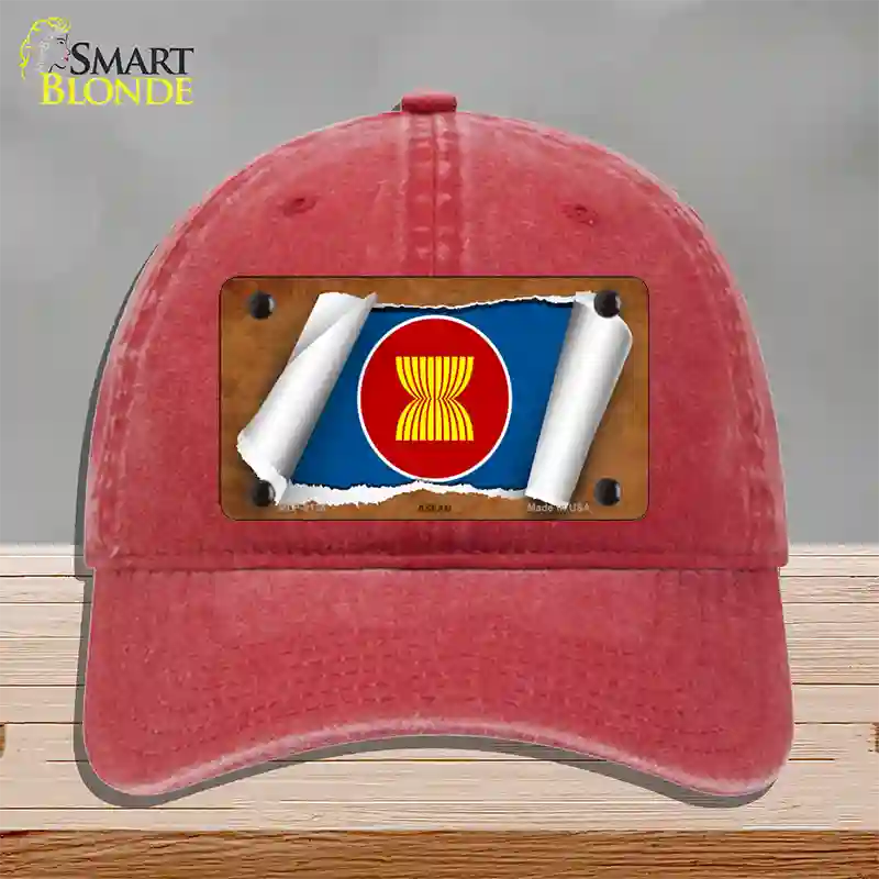 Asean Flag Scroll Novelty License Plate Hat Unconstructed Cotton / Red