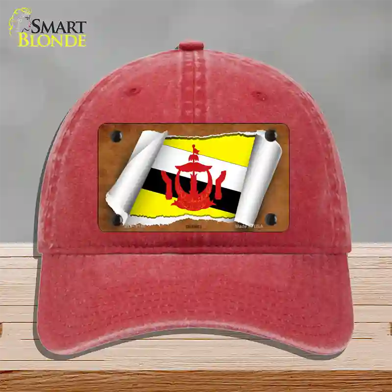 Brunei Flag Scroll Novelty License Plate Hat Unconstructed Cotton / Red