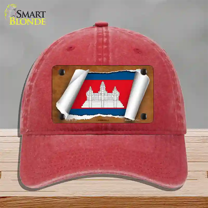 Cambodia Flag Scroll Novelty License Plate Hat Unconstructed Cotton / Red