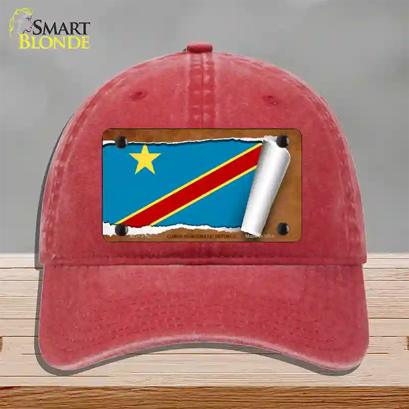 Congo Democratic Republic Flag Scroll Novelty License Plate Hat Unconstructed Cotton / Red