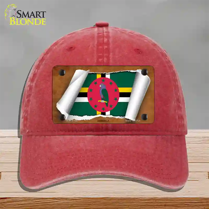 Dominica Flag Scroll Novelty License Plate Hat Unconstructed Cotton / Red