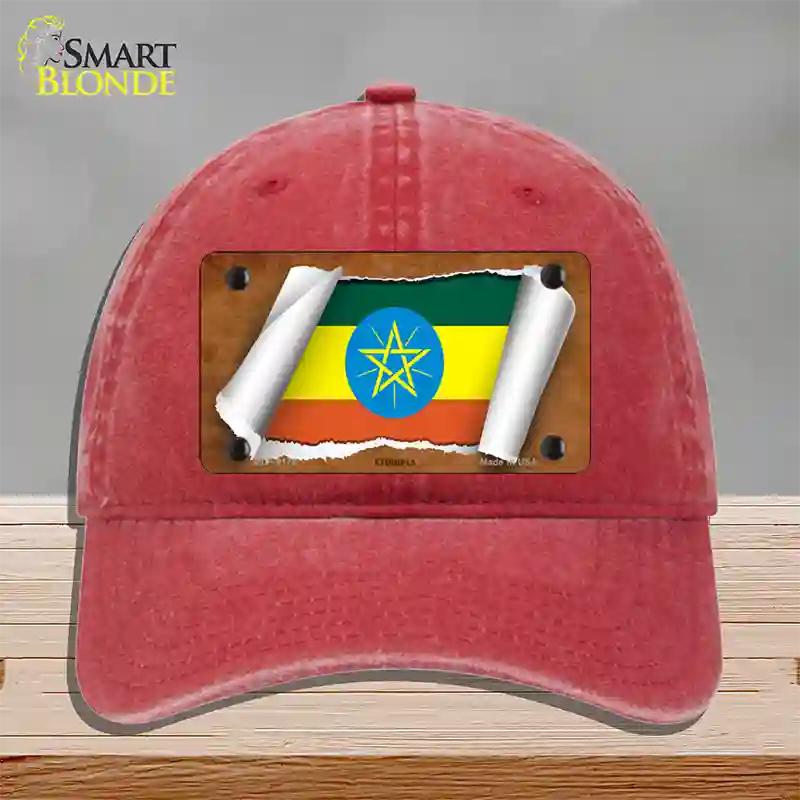 Ethiopia Flag Scroll Novelty License Plate Hat Unconstructed Cotton / Red