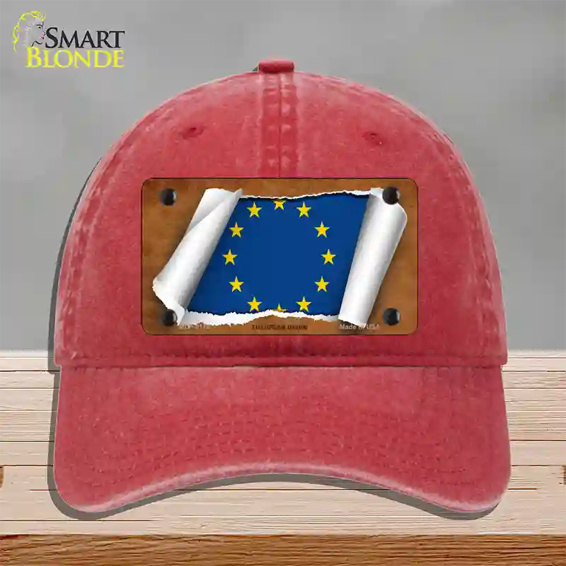 European Union Flag Scroll Novelty License Plate Hat Unconstructed Cotton / Red