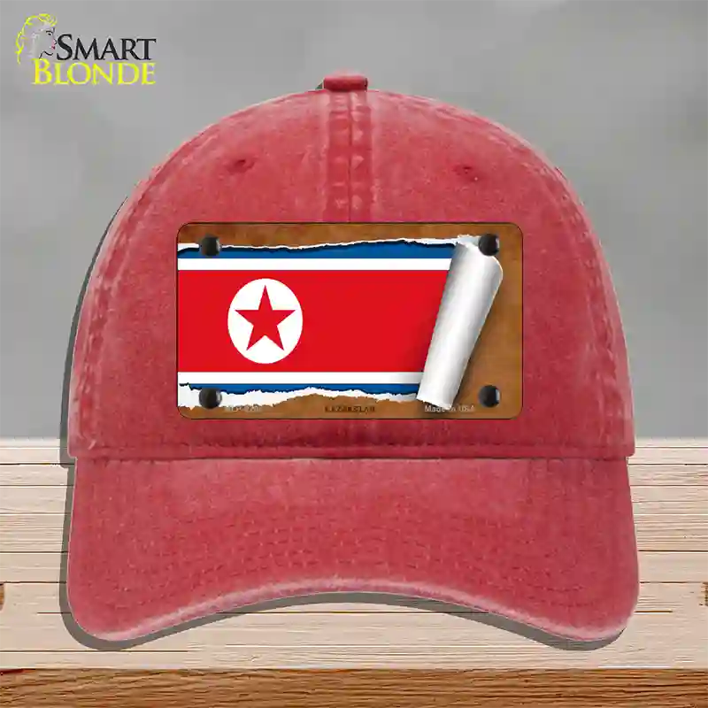 North Korea Flag Scroll Novelty License Plate Hat Unconstructed Cotton / Red