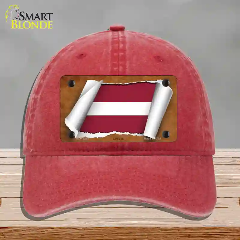 Latvia Flag Scroll Novelty License Plate Hat Unconstructed Cotton / Red