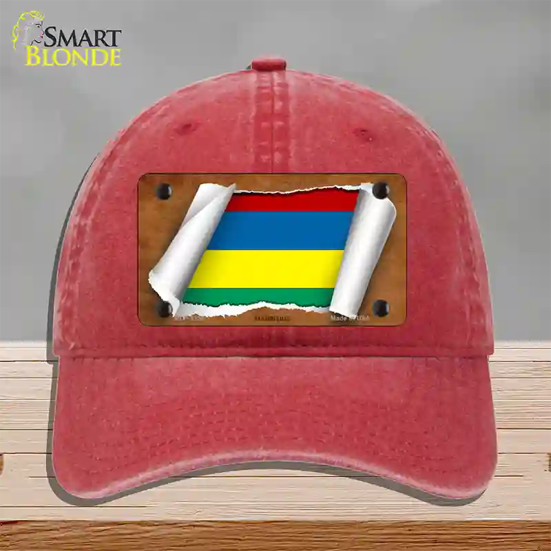 Mauritius Flag Scroll Novelty License Plate Hat Unconstructed Cotton / Red