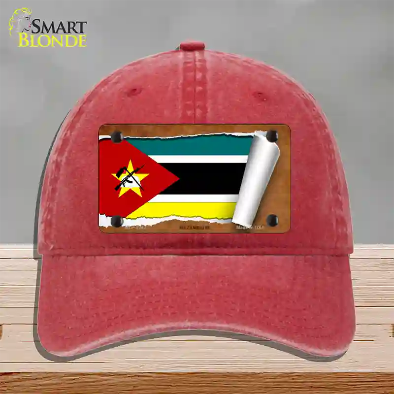 Mozambique Flag Scroll Novelty License Plate Hat Unconstructed Cotton / Red