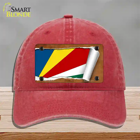 Seychelles Flag Scroll Novelty License Plate Hat Unconstructed Cotton / Red