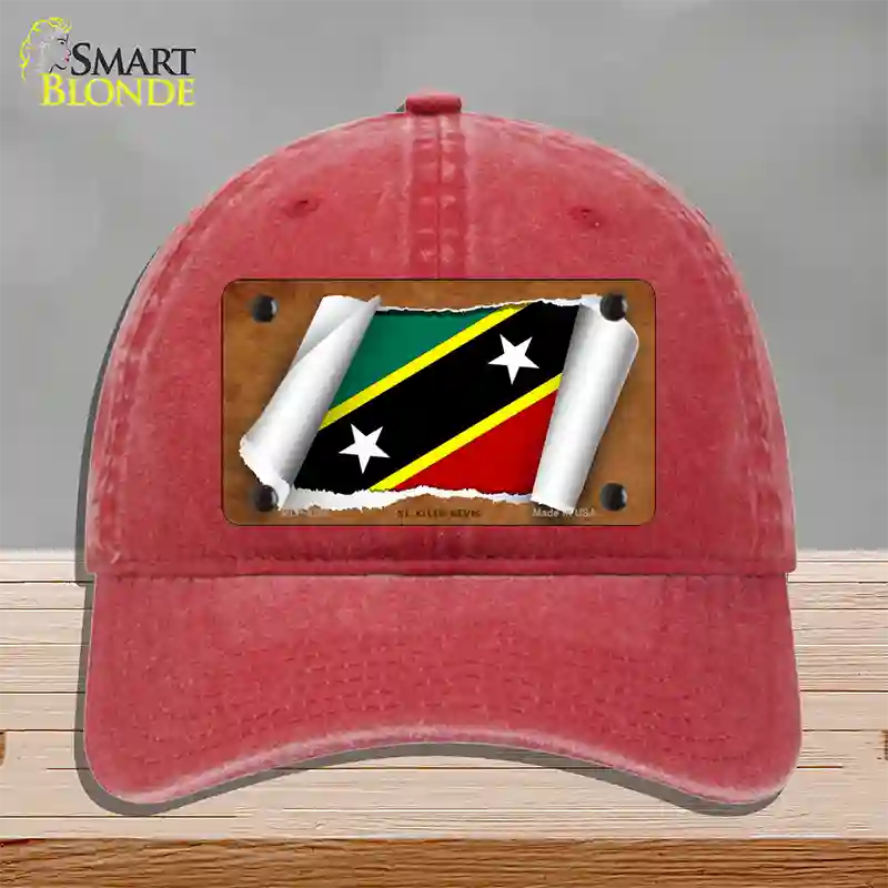 St Kitts-Nevis Flag Scroll Novelty License Plate Hat Unconstructed Cotton / Red