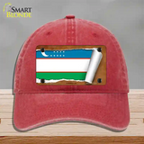 Uzbekistan Flag Scroll Novelty License Plate Hat Unconstructed Cotton / Red