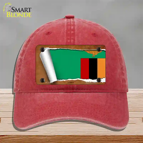 Zambia Flag Scroll Novelty License Plate Hat Unconstructed Cotton / Red