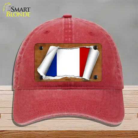 France Flag Scroll Novelty License Plate Hat Unconstructed Cotton / Red