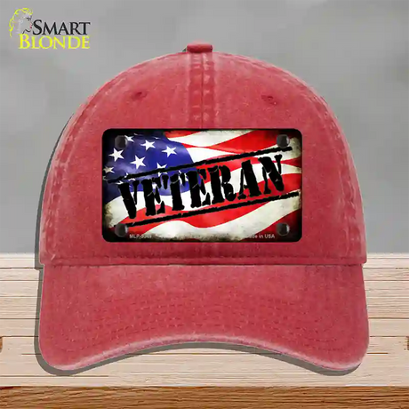 Veteran American Flag Novelty License Plate Hat Unconstructed Cotton / Red