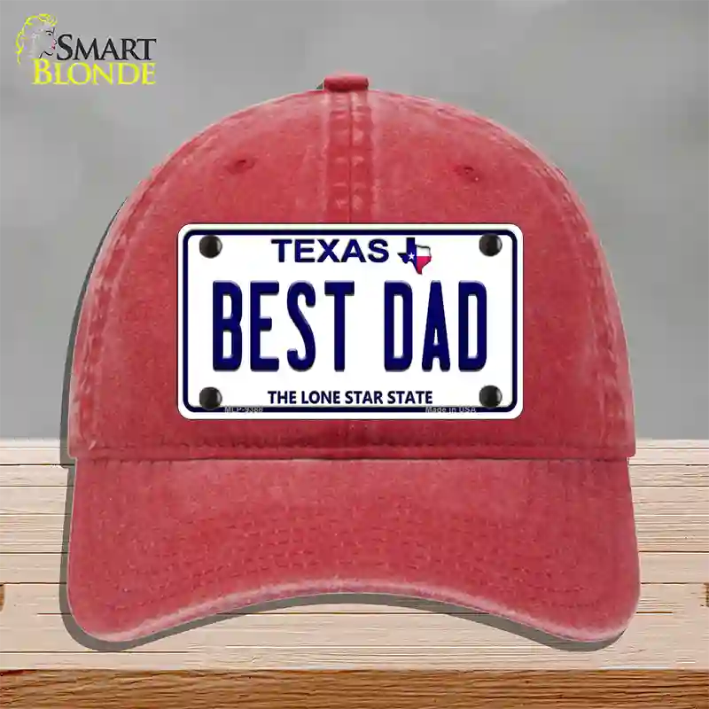 Best Dad Texas Novelty License Plate Hat Unconstructed Cotton / Red