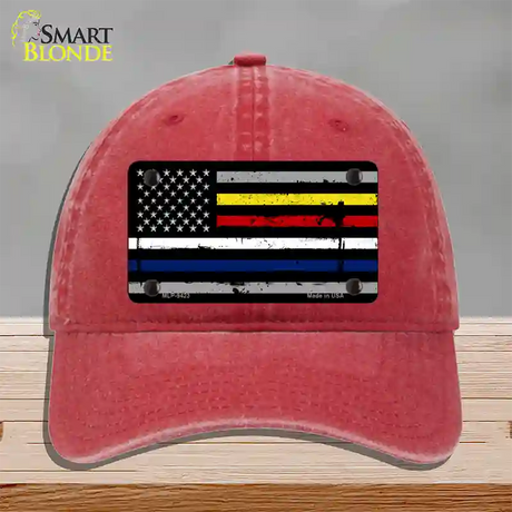 American Flag Police / Fire / EMS Novelty License Plate Hat Unconstructed Cotton / Red