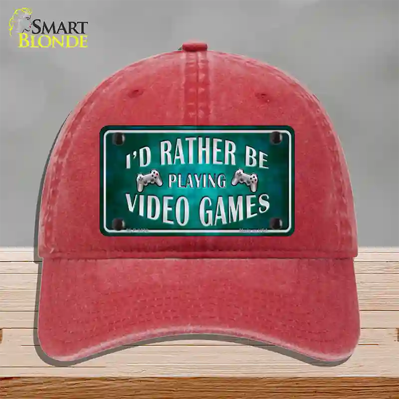 Rather Play Video Games Novelty License Plate Hat Unconstructed Cotton / Red