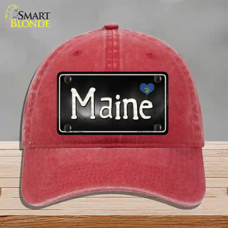 Maine Flag Script Novelty License Plate Hat Unconstructed Cotton / Red