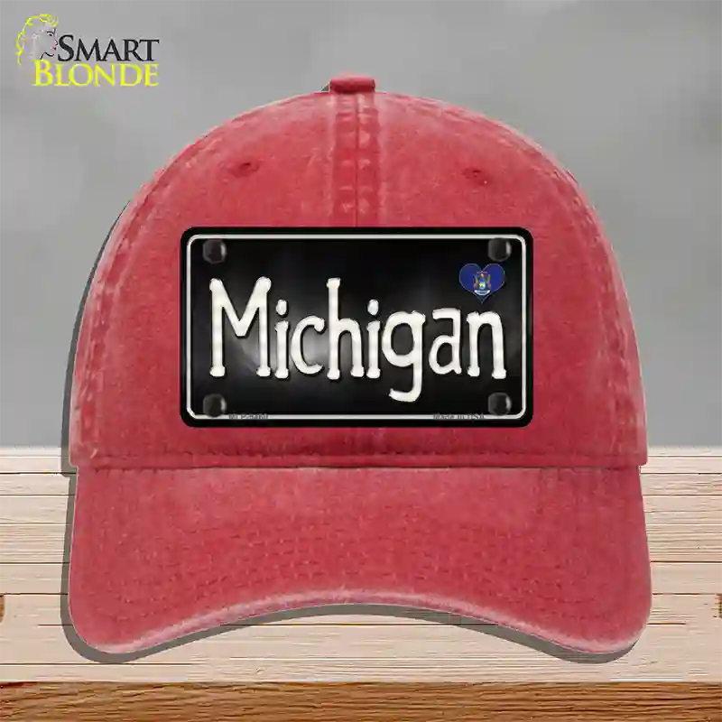 Michigan Flag Script Novelty License Plate Hat Unconstructed Cotton / Red