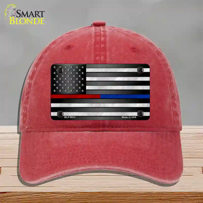 American Flag Police / Fire Novelty License Plate Hat Unconstructed Cotton / Red