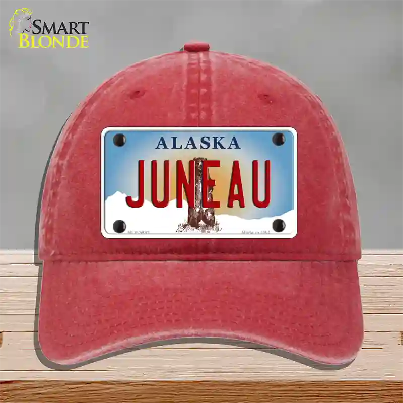 Juneau Alaska State Novelty License Plate Hat Unconstructed Cotton / Red