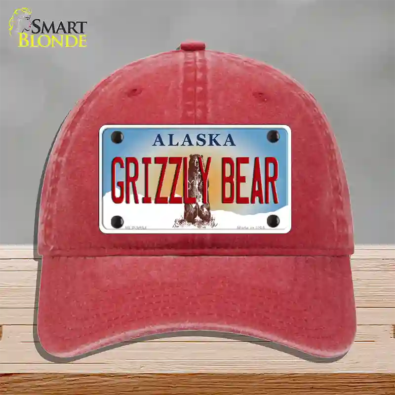 Grizzly Bear Alaska State Novelty License Plate Hat Unconstructed Cotton / Red