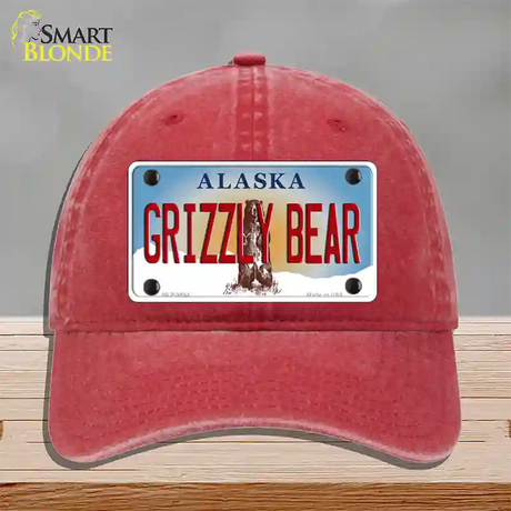 Grizzly Bear Alaska State Novelty License Plate Hat Unconstructed Cotton / Red