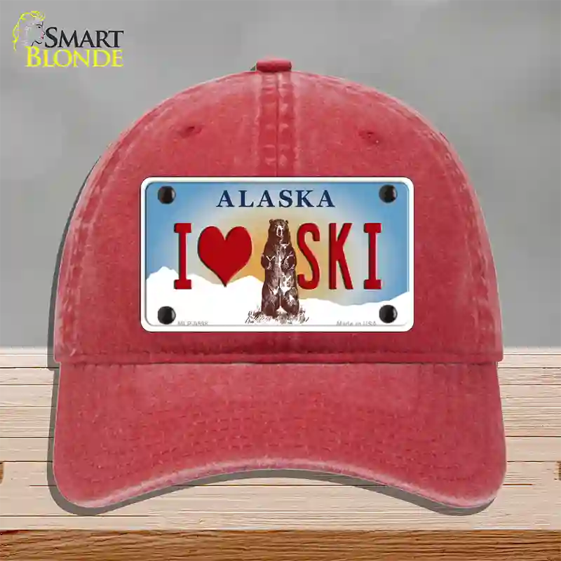 I Love Ski Alaska State Novelty License Plate Hat Unconstructed Cotton / Red