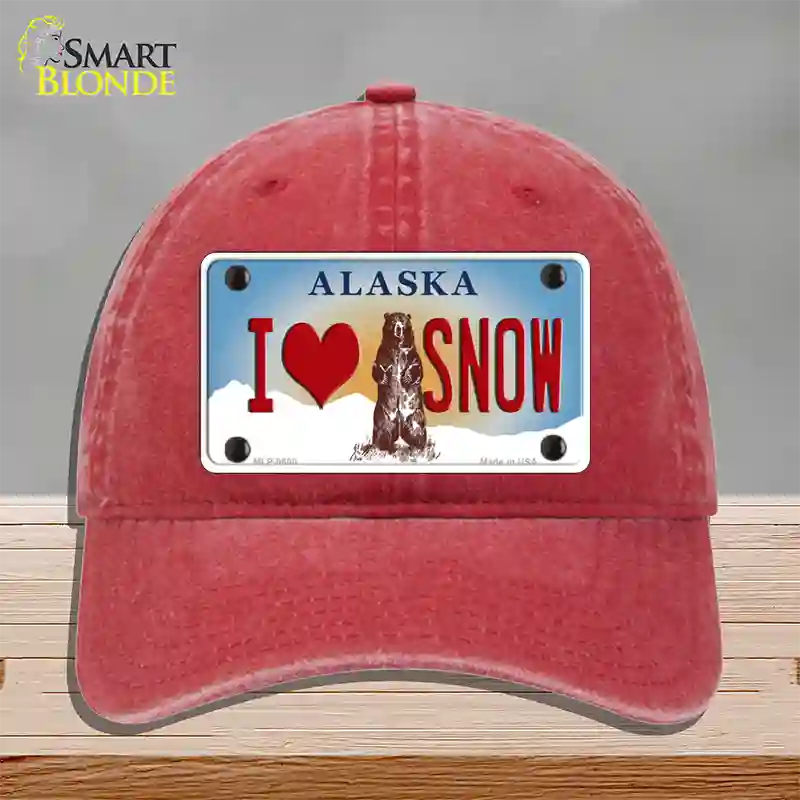 I Love Snow Alaska State Novelty License Plate Hat Unconstructed Cotton / Red