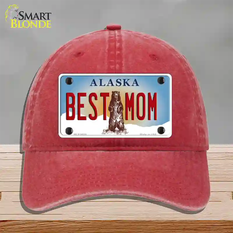 Best Mom Alaska State Novelty License Plate Hat Unconstructed Cotton / Red