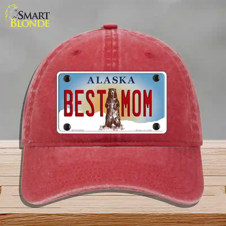 Best Mom Alaska State Novelty License Plate Hat Unconstructed Cotton / Red